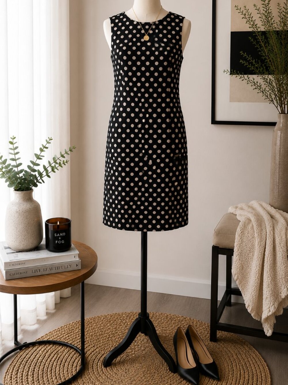 City Silk Petite 100% Silk Linking/ Polka Dot Sheath Dress Black Beige Size 10P